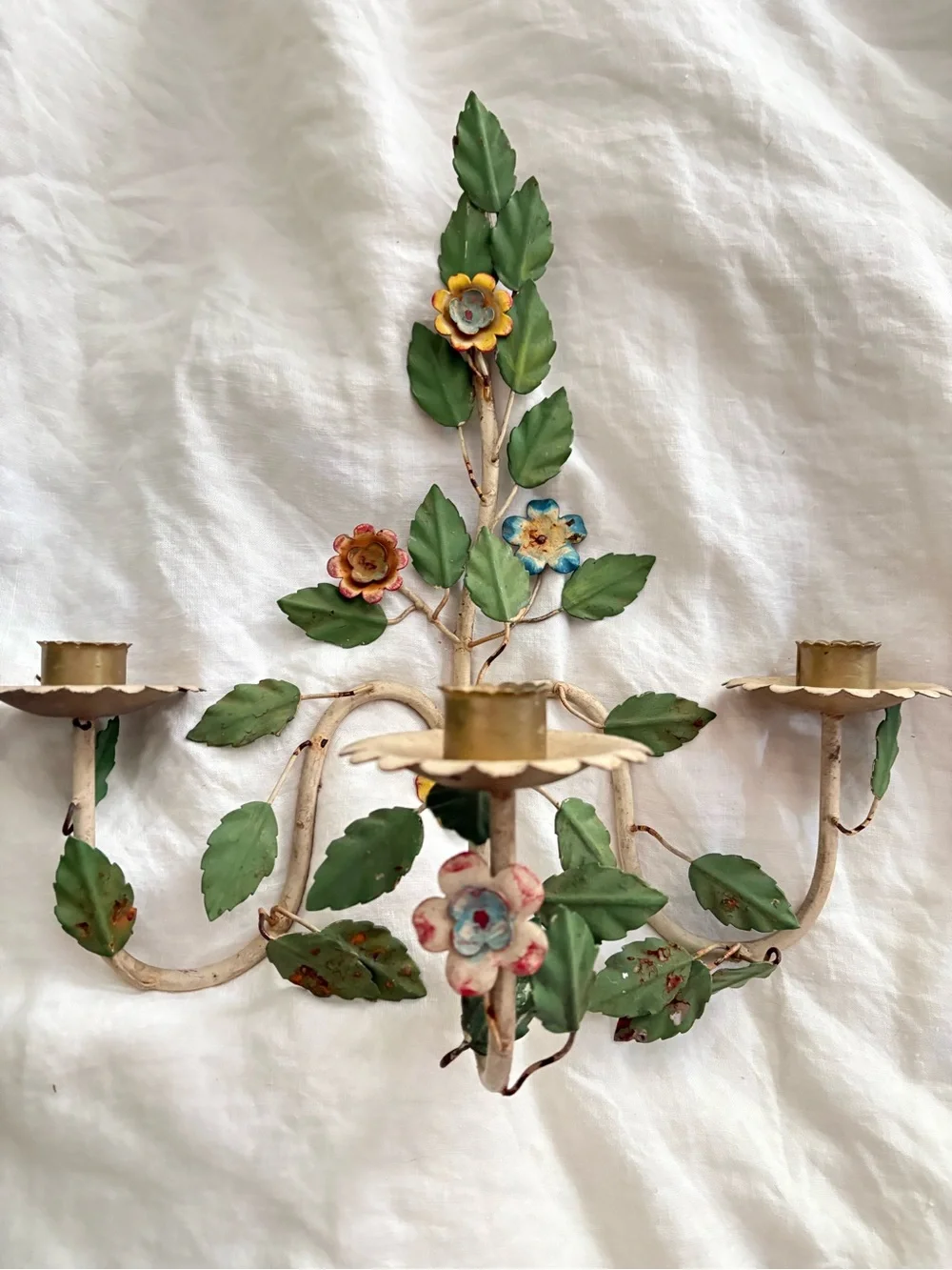 Antique Italian Tole Floral 3 arm wall sconce Hand painted